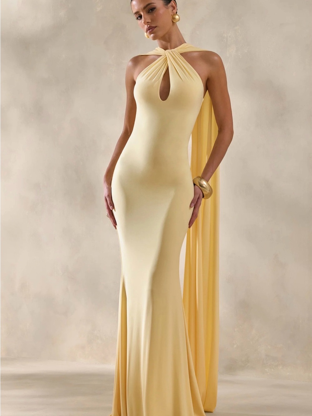 Club L London Rhoda Lemon Twist Halter-Neck Cape Maxi Dress NWT